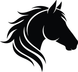 Black horse head silhouette with flowing mane for logo design and branding © analyzer