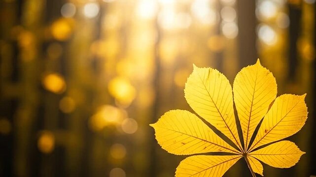 A single yellow leaf glows in the warm sunlight of an autumn forest
