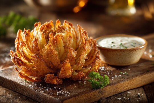 Golden Blooming Onion Petals Served with Herb Dipping Sauce