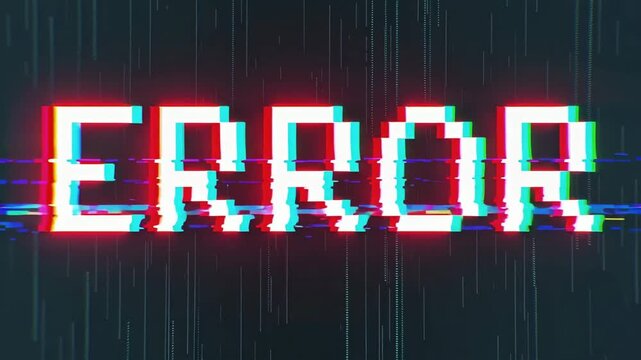 ERROR text with heavy digital glitch, RGB splitting, data corruption artifacts, and horizontal scan lines on a dark background.