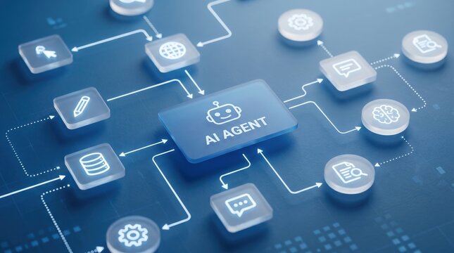 Ai agent concept visualization featuring digital workflow nodes and interconnected neural network icons on a sleek blue background representing advanced automation systems and machine learning