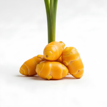 Vibrant Yellow Oca Tubers with Green Stalks on White Background.