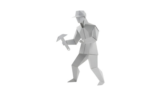 Low poly construction worker holding a hammer on transparent background for architectural visualization.