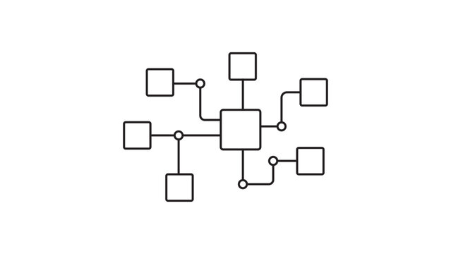 Microservices Architecture Network Vector Icon with Editable Stroke: A Minimalist Black Line Illustration of Interconnected Data Blocks and System Nodes on a Clean White Background.