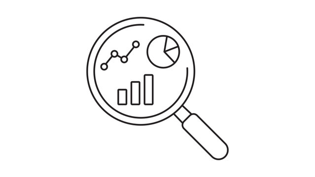 Data Analysis and Observability Magnifying Glass Vector Icon with Editable Stroke. Minimalist Black Line Illustration of a Lens showing Bar, Pie, and Line Charts for Business Insights and Metrics.