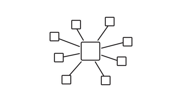 Microservices Architecture Minimalist Black Line Vector Icon on White Background Representing a Central Hub Connected to Multiple Nodes with Editable Stroke for Customizable Line Weight.