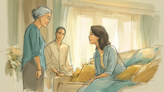 Guidance moment in a family living room: mother speaks firmly while daughter-in-law listens