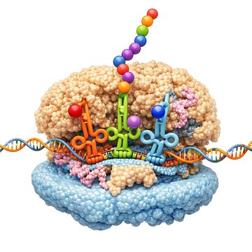 3D illustration of protein synthesis process with ribosome, tRNA, and mRNA strand in a scientific laboratory style.