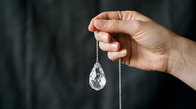 A hand is holding a clear crystal pendant that hangs from a thin chain. The dark background emphasizes the shape and clarity of the crystal, capturing light and reflection