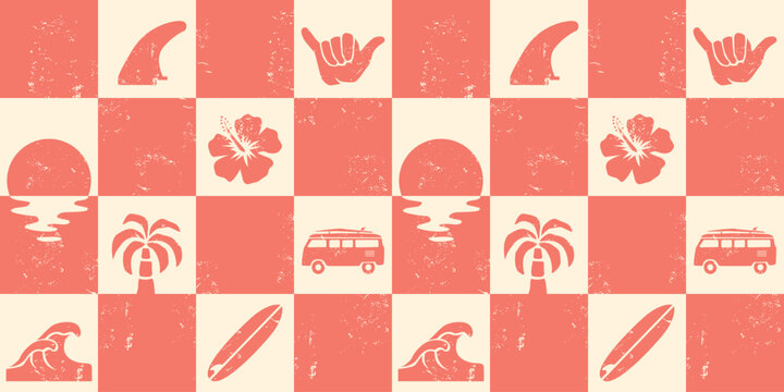 Seamless retro checker pattern with surf icons, waves and sunset elements. Bold beach design perfect for textiles, packaging and modern summer graphics.