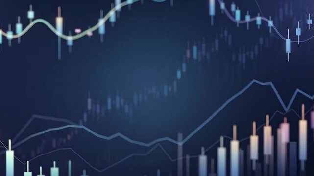 Stock market candlestick chart and glowing digital financial graphs on a futuristic dark blue background with copy space. Ideal for crypto, trading, and business investment concepts.
