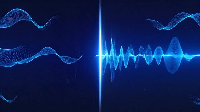 Abstract blue sound wave visualization with glowing center and particles on a dark background