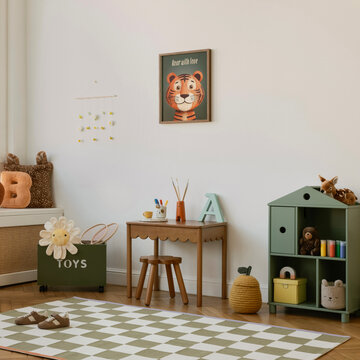 Cheerful and well-organized playroom with educational toys, vibrant soft d&eacute;cor, and positive vibe.