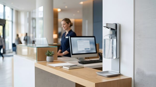 A hotel reception area shows a staff member standing behind a counter. A computer is on the counter along with a notebook and a small plant