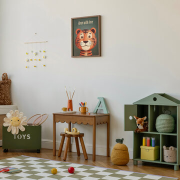 Creative kid room with a green dollhouse-style shelf, natural wood accents, and playful textures.