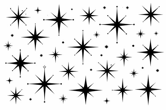 Mid-century modern starburst shapes scattered in vintage atomic era style. Black silhouette vector stars and sparkles for retro 1950s and 1960s design, celestial space age graphic elements.