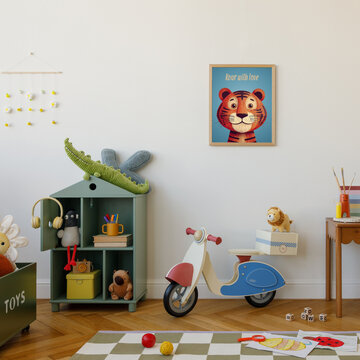 Playful children room with a toy scooter, green toy house and charming stuffed lion under a framed tiger poster.