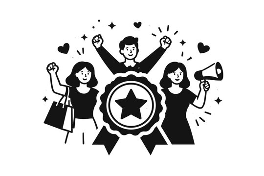 Happy customers celebrating brand loyalty and excellence with a star award badge. People cheering with megaphone and shopping bags for quality service. Monochrome black and white vector icon.
