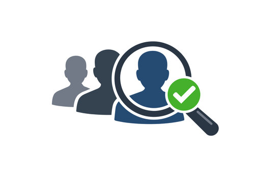 Human Resources Recruitment Icon with Magnifying Glass and Green Checkmark. Vector Illustration of Candidate Selection, Talent Search, and Hiring Process for Business and Professional Teams.