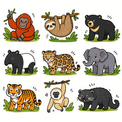 Obraz premium Tropical Mammals Cute Doodle Vector Set – Colorful Flat Cartoon Jungle Animals Collection