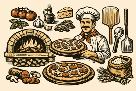 Vintage pizza restaurant illustration set featuring wood-fired brick oven, smiling chef holding pepperoni pizza, fresh ingredients like tomatoes, garlic, cheese, flour, and traditional tools.