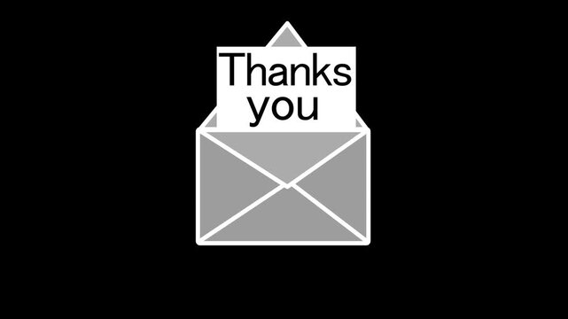 A minimalist of an open gray envelope with a white paper insert displaying the word Thanks in black text against a solid black background with a subtle gray outline around the envelope