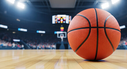 Fototapeta premium Basketball on wooden court floor with blurred audience and scoreboard in the background during a game in a sports arena