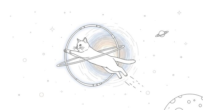Ethereal line art illustration of a white cat leaping gracefully through a celestial ring, surrounded by distant stars and planets in a minimalist cosmic adventure