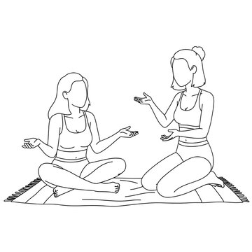Vector line art illustration of two young women in activewear sitting and kneeling on a mat, engaged in a relaxed conversation or discussion about wellness and lifestyle