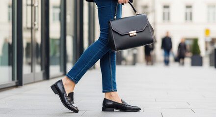 Obraz premium Woman in stylish outfit walks on city sidewalk, carrying a black handbag, with modern buildings and pedestrians in the background