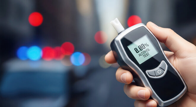 Hand holding a digital breathalyzer displaying 0.00% alcohol test result with blurred police lights in the background