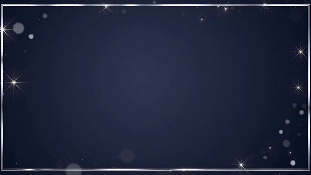 Silver rectangular frame with sparkling stars and glowing bokeh on a dark blue background. Perfect for elegant awards, wedding invitations, and luxury celebration concepts.