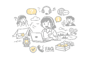 Fototapeta premium Hand-drawn customer support vector illustration, call center operator with laptop and headset, FAQ and help desk service concept icons