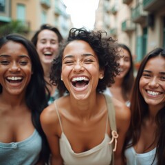 Fototapeta premium A Joyful Group of Friends Sharing Laughter in a Vibrant Urban Setting