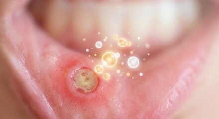 Fototapeta premium A macro Inner Cheek Mucosa With Single Canker Sore Surrounded By Glowing Golden Molecular Bubbles, Visualizing Biological Repair For Oral Ulcers Relief