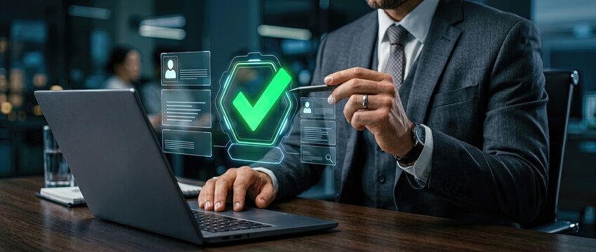 Business professional engaging with digital documentation and verification modern office space visual content urban environment close-up perspective technology integration