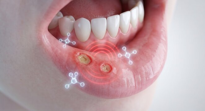 An inner lip macro with canker sores, glowing target and molecules for oral ulcers and canker sores treatment