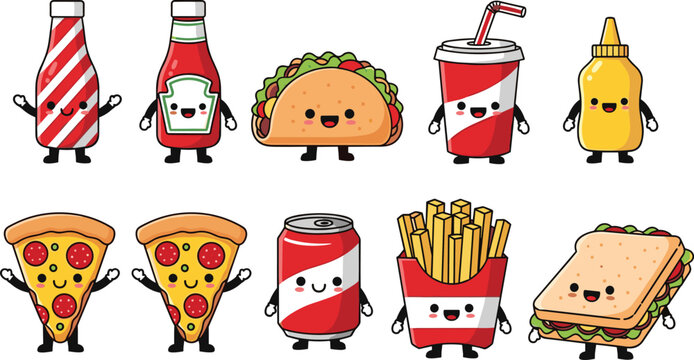 Adorable Kawaii Fast Food Characters Set with Pizza Taco Fries Soda Ketchup and Sandwich Vector Illustration