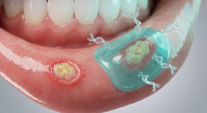 An inner lip mucosa with teal protective film covering ONE canker sore, molecular chains bonding to gel barrier for oral ulcers relief