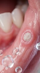 Fototapeta premium A macro inner lip mucosa showing healing aphthous ulcer with a white center, soothing rinse droplets floating for oral ulcers and canker sores relief