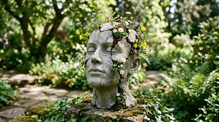 Fototapeta premium Artistic garden sculpture of a human head with floral and plant elements in a lush outdoor setting emphasizing nature's harmony