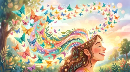 Fototapete Mädchenzimmer Whimsical magical woman with flowing hair surrounded by colorful floating butterflies exuding joy growth and balance in serene  © HENDRA