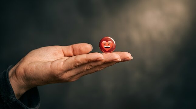human hand holding small red emoticon with a laughing face on a dark background emphasizing expressions of joy and positivity in