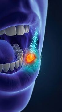 The thermal heat map of mouth with orange inflamed canker sore cooling to teal, digital reticle targeting oral ulcers for advanced diagnostic visualization