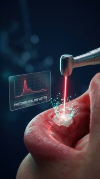 A laser handpiece emitting red beam on canker sore with teal healing particles, photonic energy treatment for oral ulcers in dark clinical setting