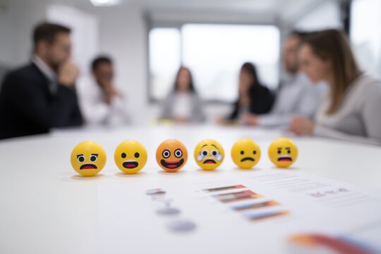 Diverse emojis representing various emotions on a business meeting table with blurred team members in the background