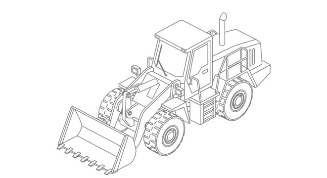 Isometric line drawing of a front-end loader, a heavy construction vehicle with a large bucket at the front.