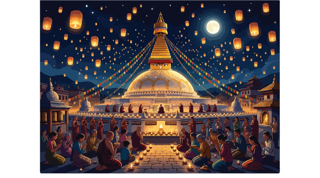 Boudhanath Stupa at night with monks and devotees celebrating during festival.