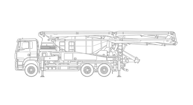 Detailed technical drawing of a concrete pump truck with its boom extended, showcasing its complex mechanical structure and components.