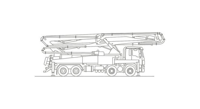 Line drawing of a concrete pump truck with a long articulated boom extended upwards, showcasing its mechanical components and chassis.